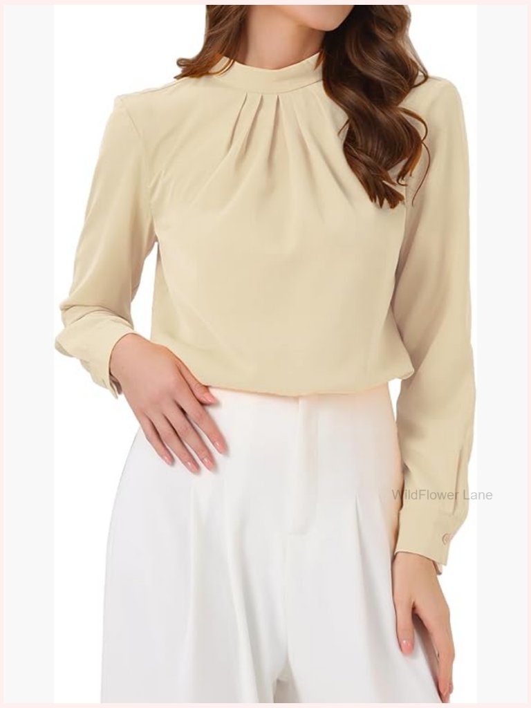 Stand Collar Long Sleeve Ruched Blouse Business Casual Office Shirt